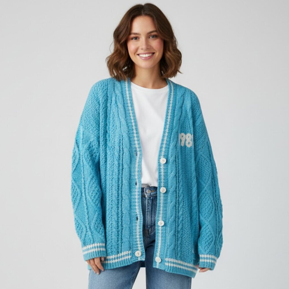 Cozy Swiftie 1989 Blue White Cable Knit Oversized Cardigan Sweater M/L Classic